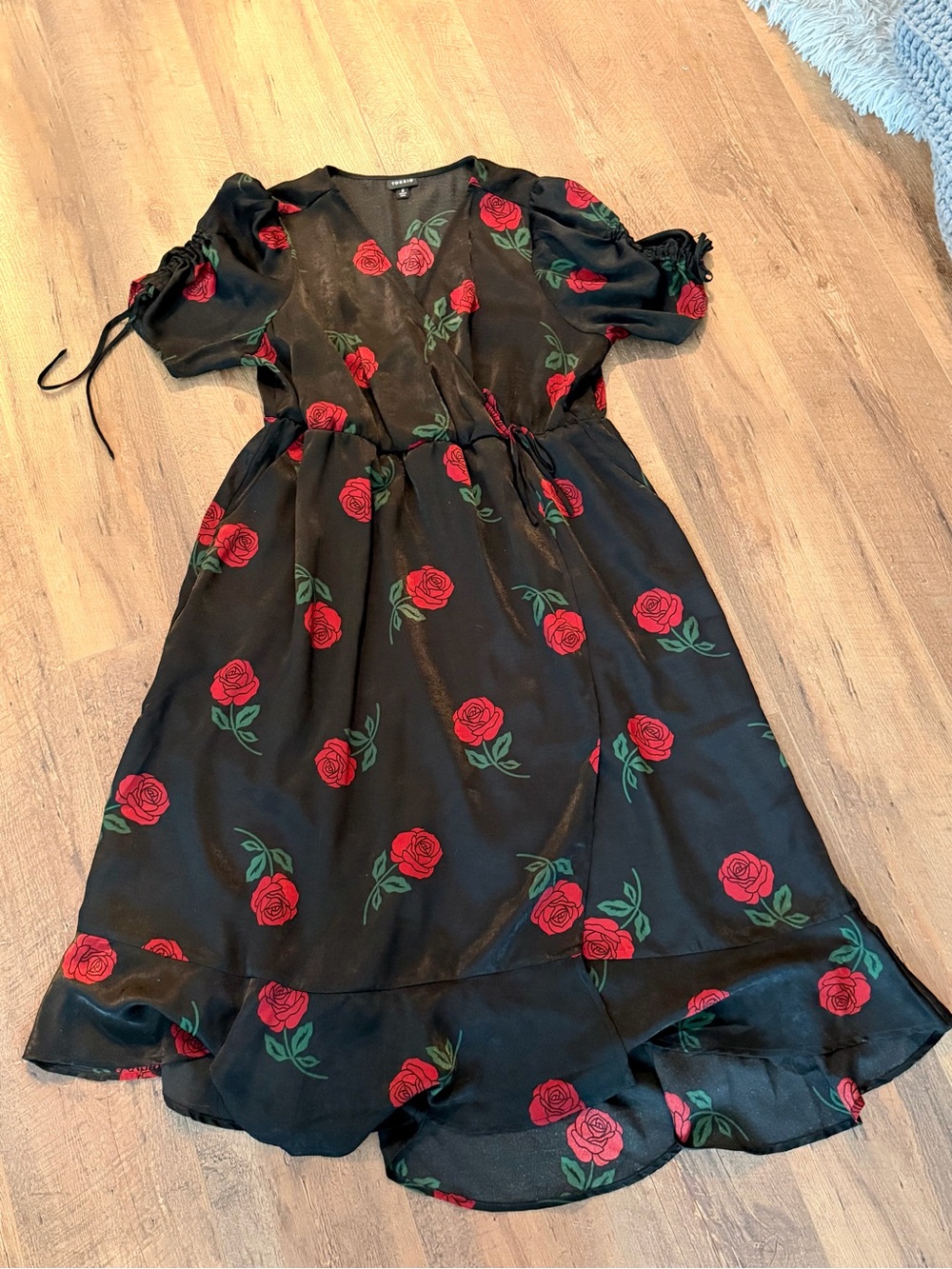 torrid Black Dress with Red Rose and Green Leaf Print
